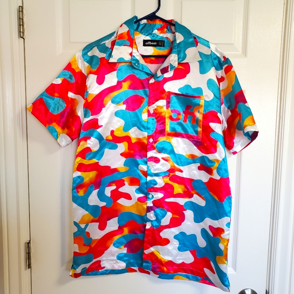 Mens Offbeat Brand Camouflage Button Down Shirt, L